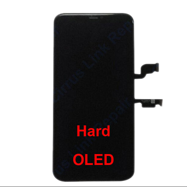 The Cirrus-link Screen Replacement - iPhone XS Max LCD Screen & Digitizer Assembly features a front view with two right-side flex cables and "Hard OLED" labeled in red.