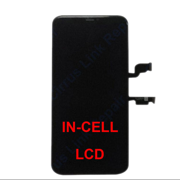 The Cirrus-link Screen Replacement - iPhone XS Max LCD Screen & Digitizer Assembly is a black in-cell display with dual connector flex cables, shown on a white background with “IN-CELL LCD” in bold red text on the screen.