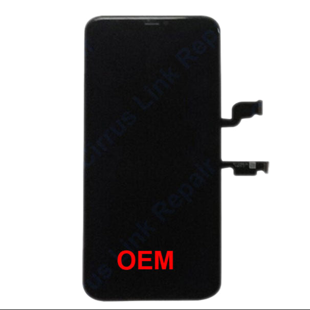 The Cirrus-link Screen Replacement - iPhone XS Max LCD Screen & Digitizer Assembly features a black display with two right-side connectors, "OEM" in red at the bottom, and an integrated digitizer for responsive touch functionality.