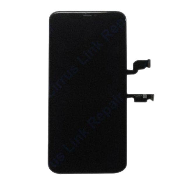 The Cirrus-link Screen Replacement - iPhone XS Max LCD Screen & Digitizer Assembly is shown in black with two ribbon connectors, displayed on a white background.