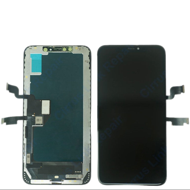 Side by side: one Cirrus-link Screen Replacement - iPhone XS Max LCD Screen & Digitizer Assembly shows internal parts, including the digitizer; the other displays the standard front panel of this replacement.