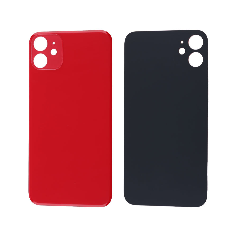 Two Cirrus-link Back Glass Covers with Big Camera slots for iPhone 11 - AfterMarket are shown side by side, in red and black, each precisely fitting the phone with accurate camera cutouts at the top left corner.