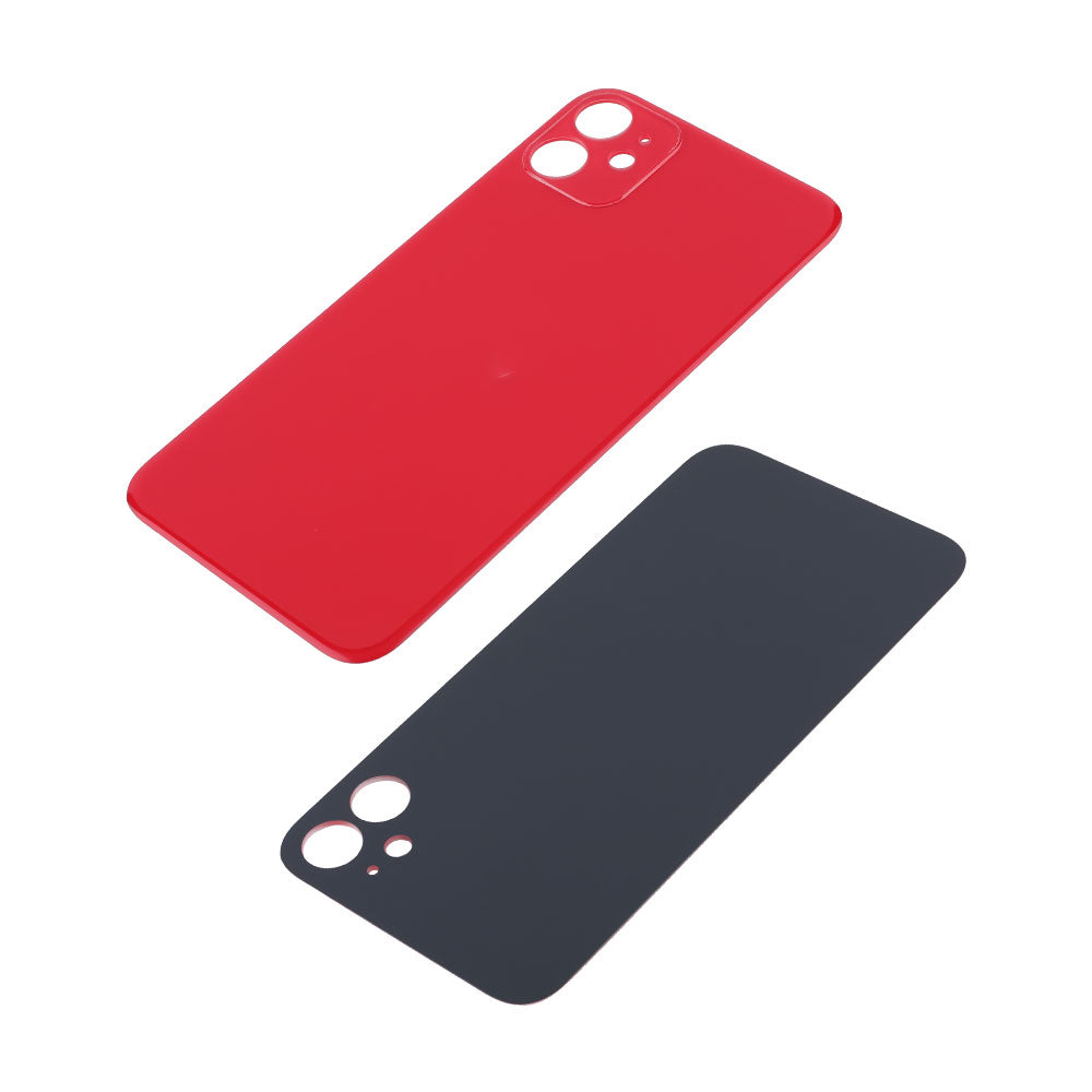 Two Cirrus-link Back Glass Covers with Big Camera slot for iPhone 11 (AfterMarket), in red and black, are shown on a white background—ideal for replacing or updating your iPhone 11 back glass style.
