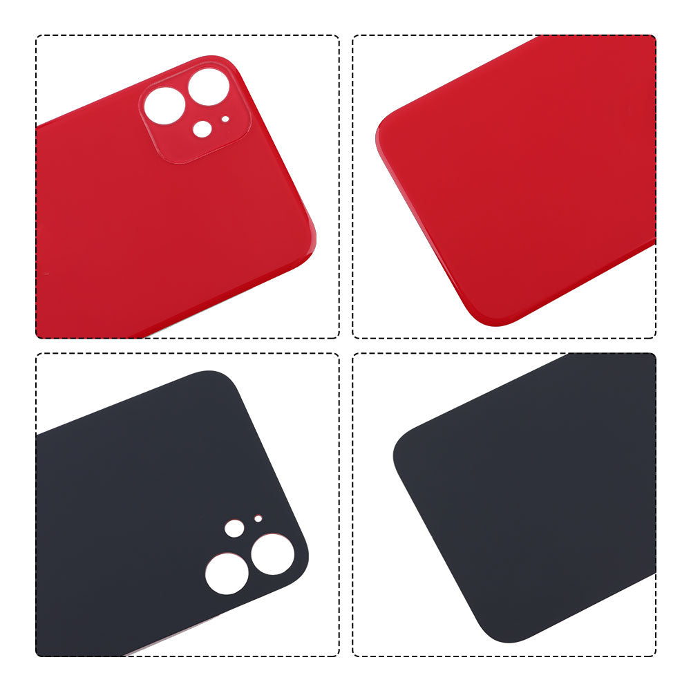 Four close-up images display Cirrus-link’s Back Glass Cover with Big Camera slot for iPhone 11—an AfterMarket replacement—showcasing its red and black designs, smooth corners, and precise fit for stylish back glass replacement.