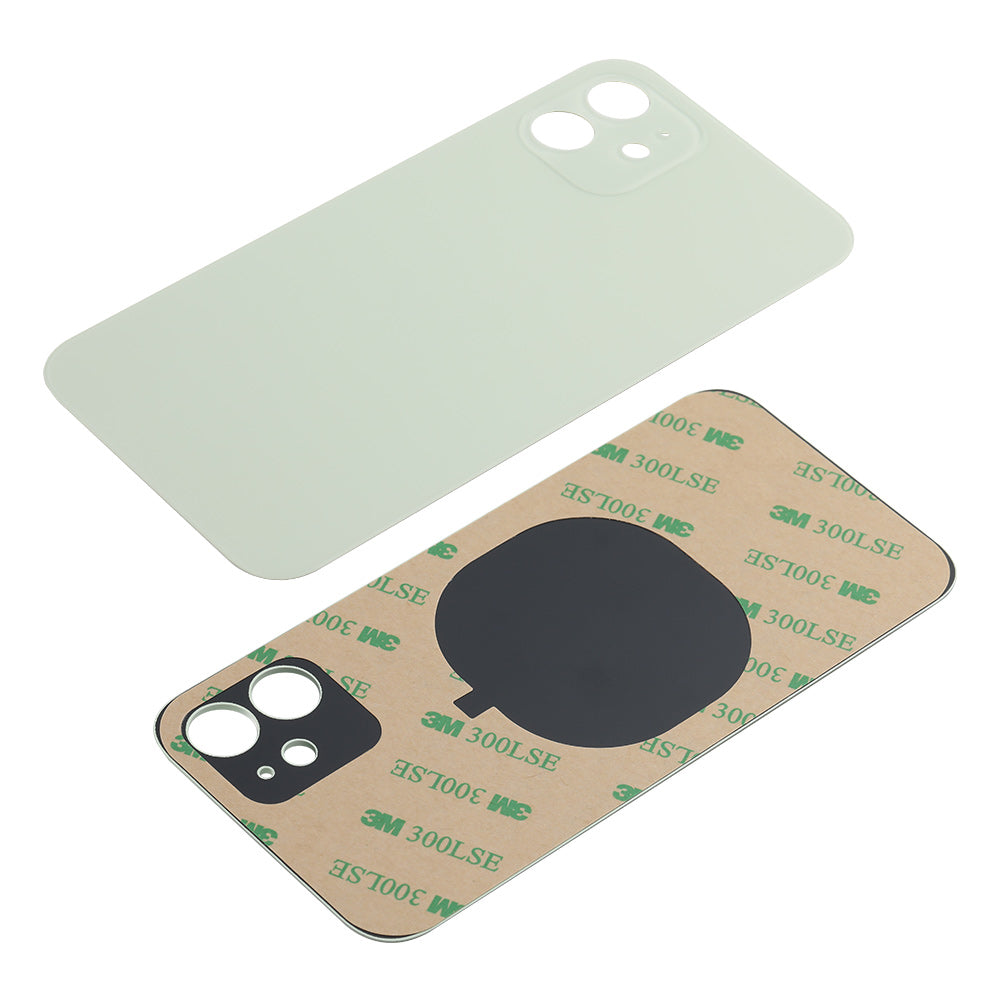 Two Cirrus-link Back Glass Cover with Big Camera slot for iPhone 12 (AfterMarket) shown: one displays the colored exterior, the other reveals the adhesive backing and camera cutouts.