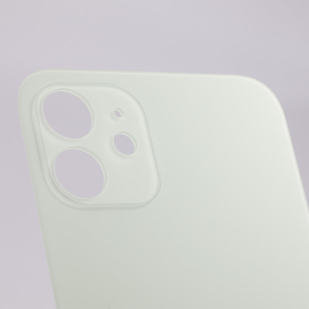 Close-up of the Cirrus-link Back Glass Cover with Big Camera slot for iPhone 12 (AfterMarket) in white, showing three camera and sensor cutouts against a light background.