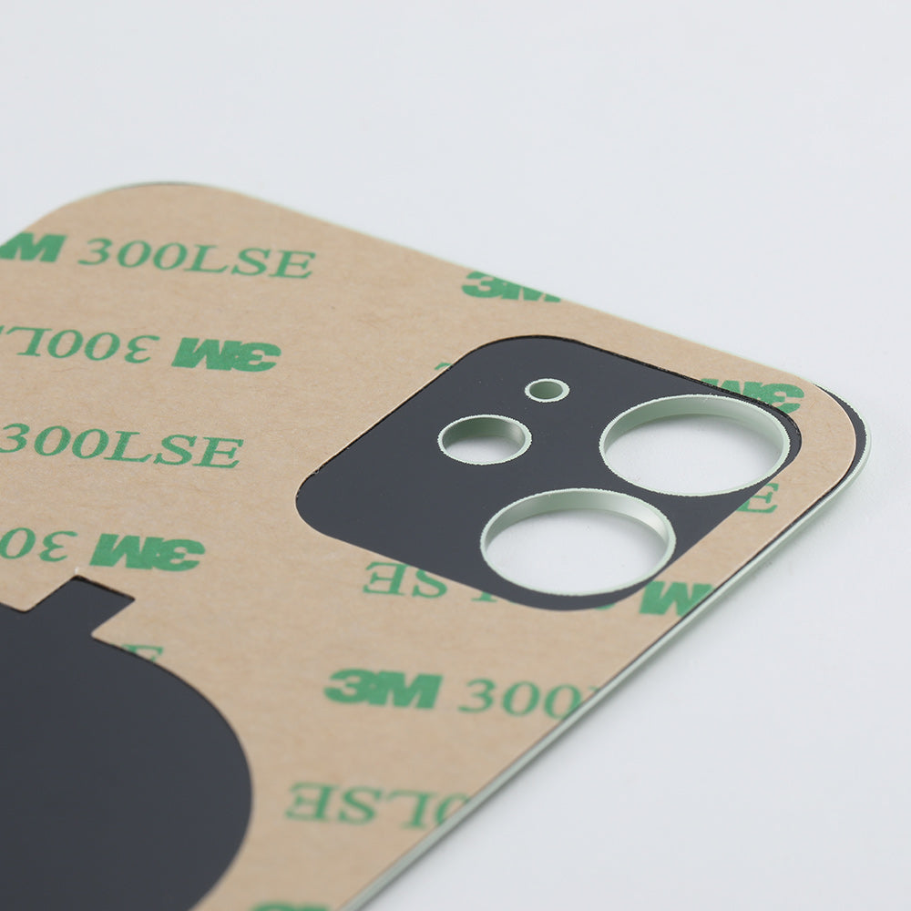 Close-up of a Cirrus-link Back Glass Cover with Big Camera slot for iPhone 12 (AfterMarket), featuring a rectangular adhesive sheet with "3M 300LSE" text and three circular cutouts for back cover replacement.