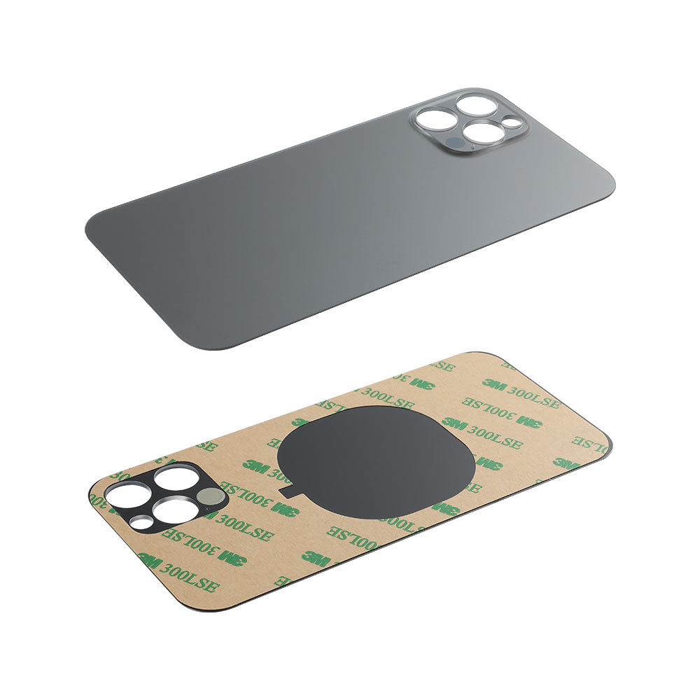 The Cirrus-link Back Glass Cover with Big Camera Slot for iPhone 12 Pro (AfterMarket) includes two covers: one showing the glass side, and the other displaying the adhesive side with precise camera cutouts.