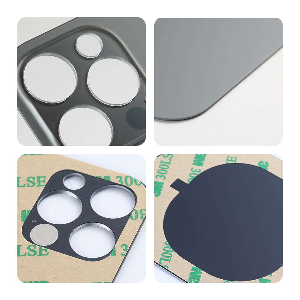 Four detailed images display the Cirrus-link Back Glass Cover with Big Camera slot for iPhone 12 PRO (AfterMarket) from various angles—front, back, adhesive side, and corner—perfect for quality replacement needs.
