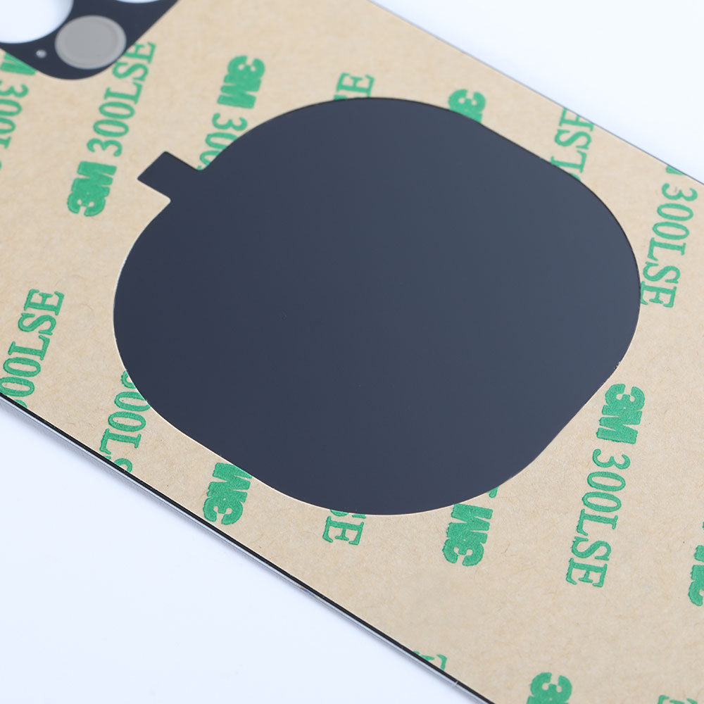 The Cirrus-link Back Glass Cover with Big Camera Slot for iPhone 12 Pro features a rectangular adhesive sheet with a large black circle and green "3M 300LSE" text, perfect for iPhone 12 Pro back glass replacement.