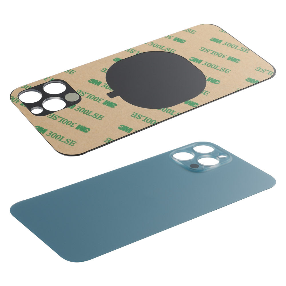 The Cirrus-link Back Glass Cover with Big Camera slot for iPhone 12 Pro Max (AfterMarket) includes an adhesive backing with 3M branding and a blue-tinted cover featuring large camera and flash cutouts.