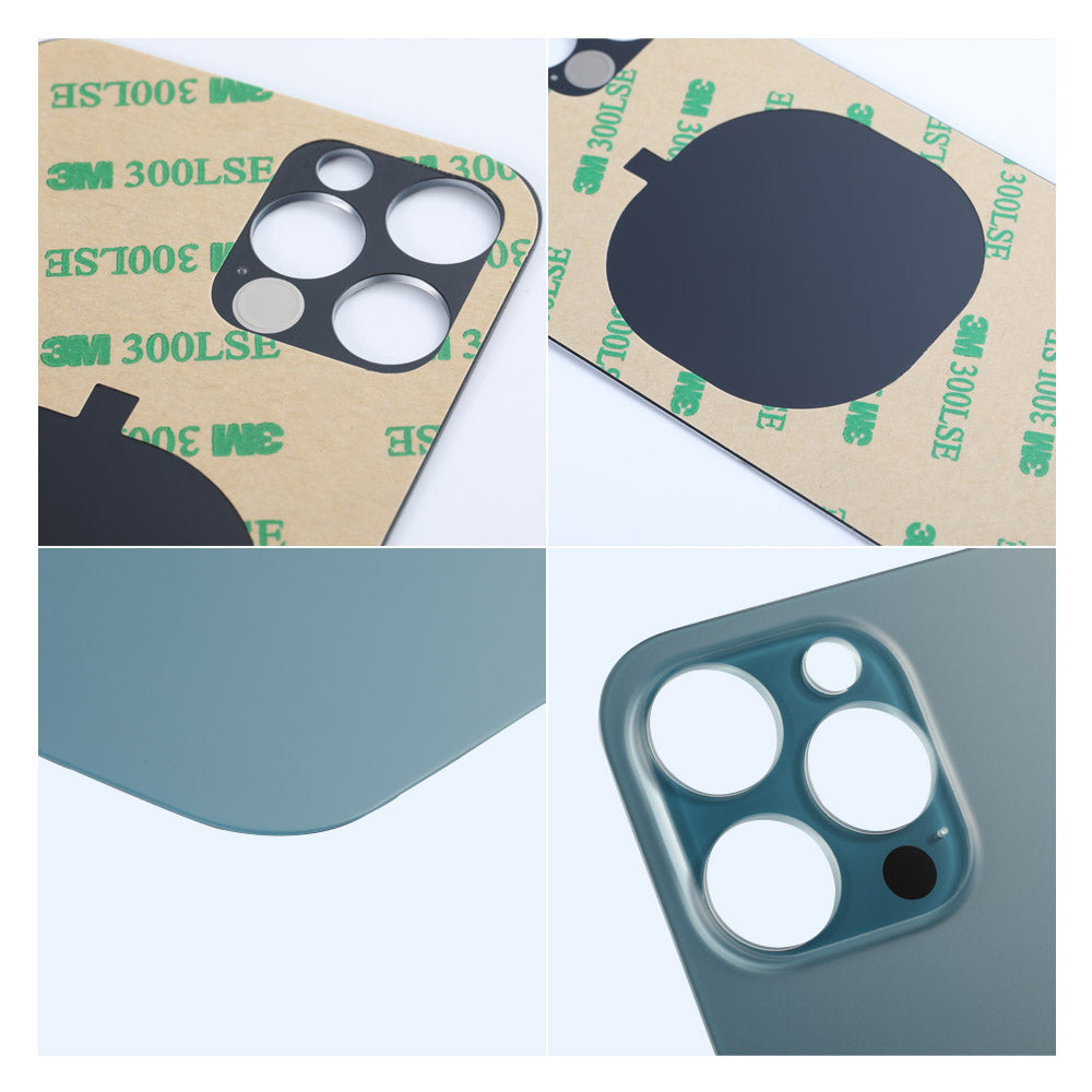 Four-panel image shows Cirrus-link Back Glass Cover with Big Camera slot for iPhone 12 Pro Max (AfterMarket), featuring adhesive backing and a close-up of the fitted cover on the phone’s back glass.