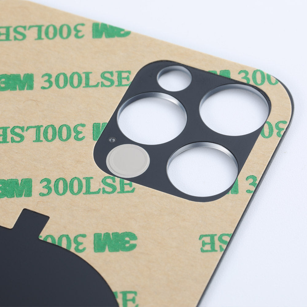 A close-up of the Cirrus-link Back Glass Cover with Big Camera slot for iPhone 12 Pro Max (AfterMarket), featuring a "3M 300LSE" adhesive camera lens protector, shown on a flat white surface.
