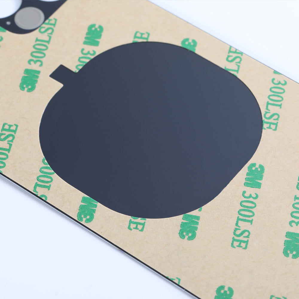 Close-up of a Cirrus-link Back Glass Cover with Big Camera slot for iPhone 12 Pro Max (AfterMarket), showing the large camera opening and smaller circular cutout near the edge.