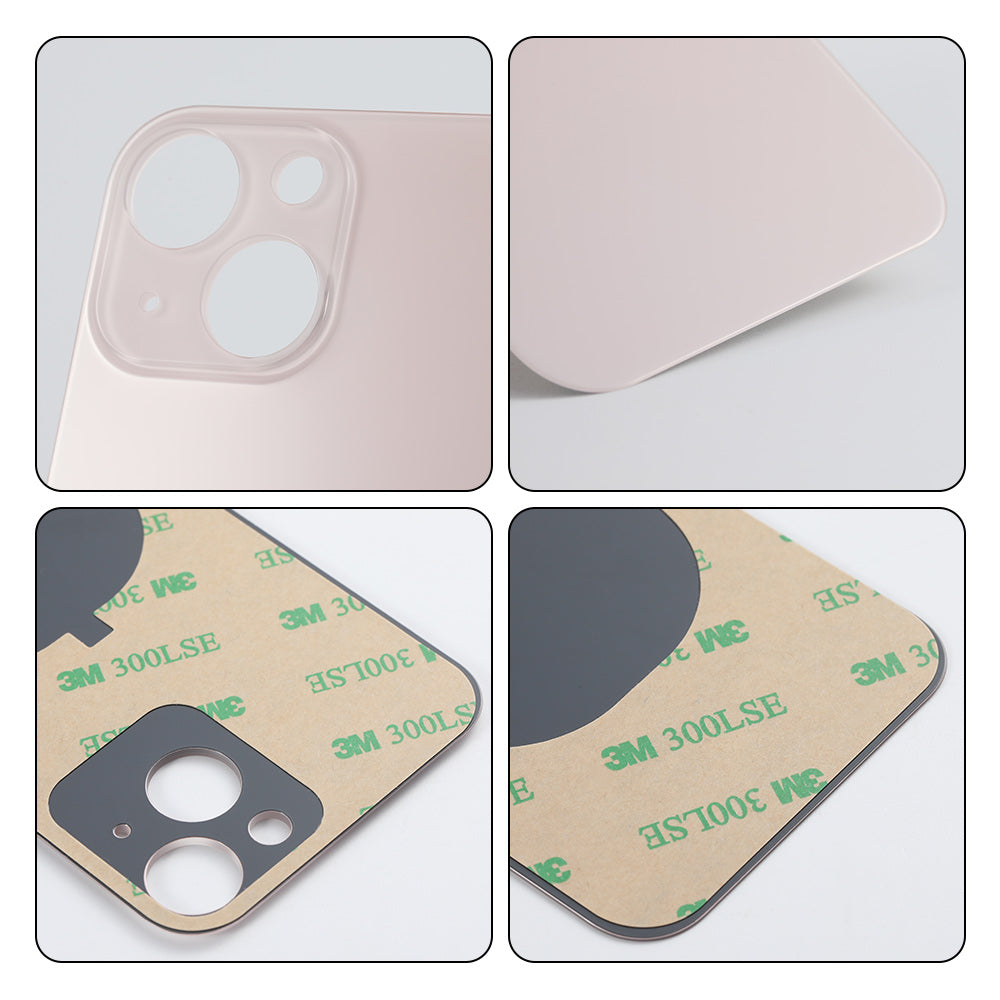 Four close-up images highlight the Cirrus-link Back Glass Cover with Big Camera slot for iPhone 13—showing textures, cutouts, and adhesive backing from different angles—ideal for those seeking an aftermarket back cover replacement.