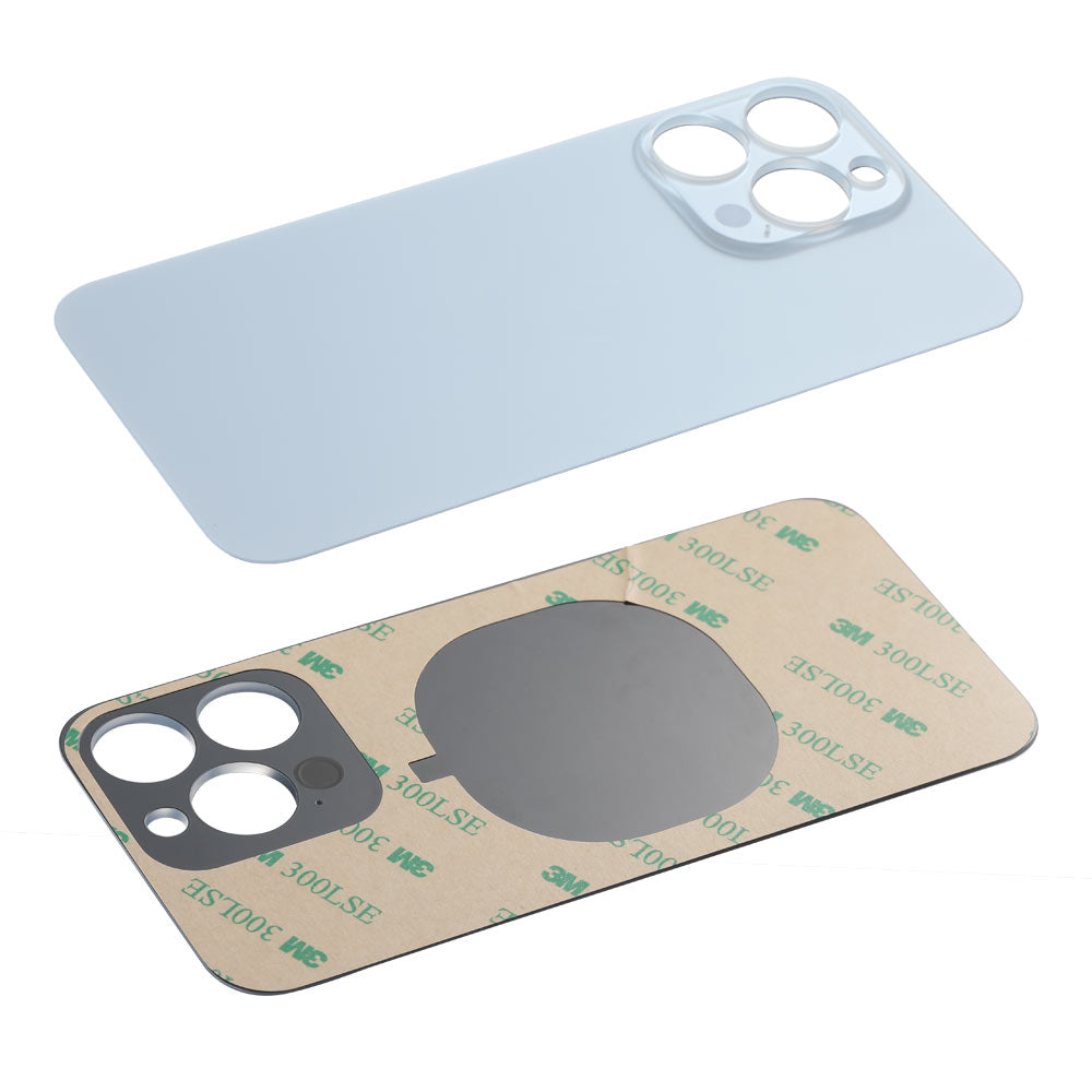 The Cirrus-link Back Glass Cover with Big Camera slot for iPhone 13 PRO (AfterMarket) shows both adhesive and glass sides, each with cutouts for multiple lenses and flash—ideal as a convenient replacement.