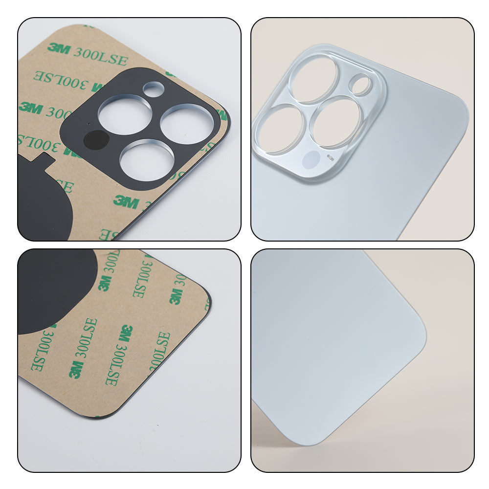 Four-panel image showing front and back of the Cirrus-link Back Glass Cover with Big Camera slot for iPhone 13 Pro (AfterMarket), featuring adhesive backing for easy attachment.
