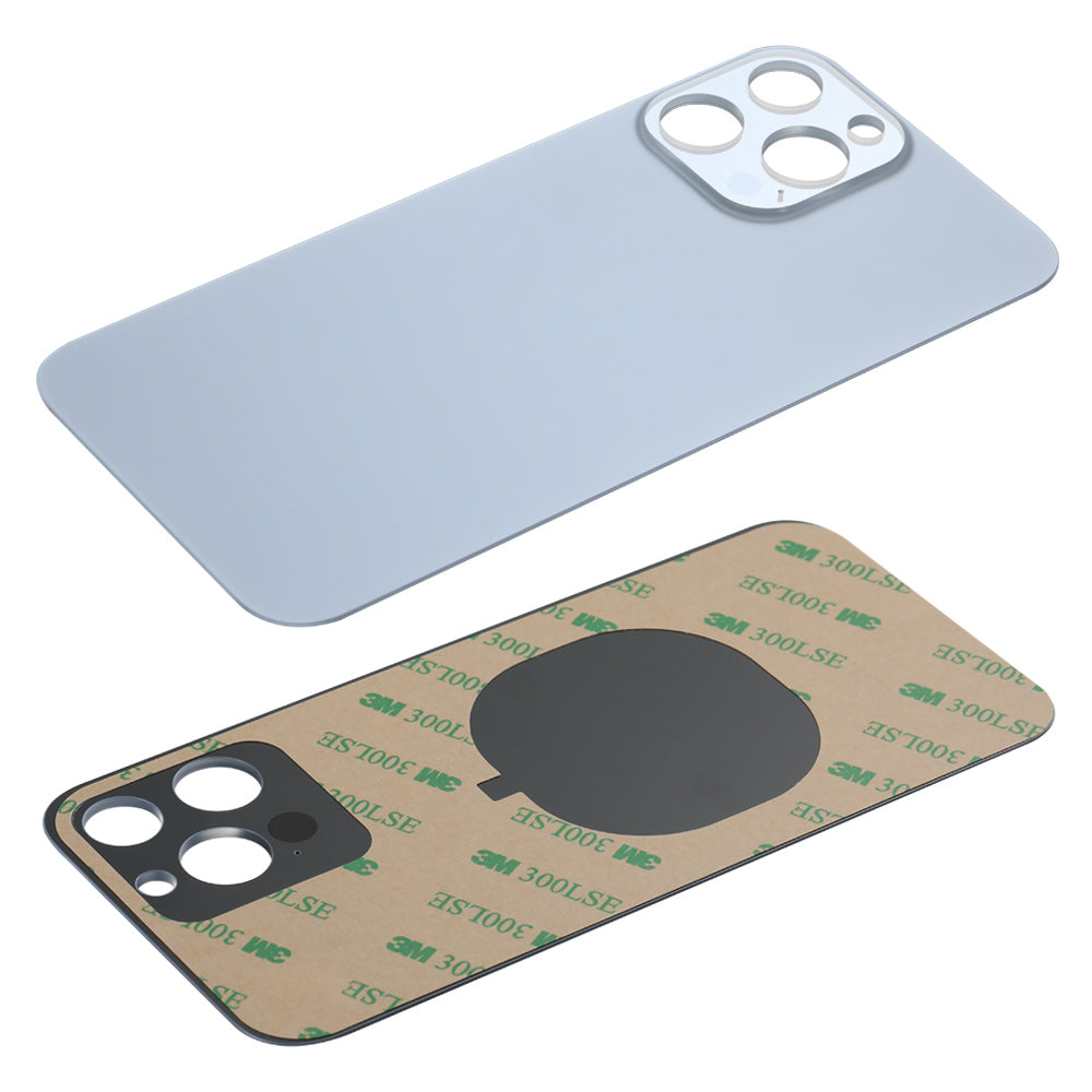 Two Cirrus-link Back Glass Covers for iPhone 13 Pro Max are shown: one in silver with big camera slots, the other with a "3M 300LSE" adhesive backing—both ideal aftermarket replacements.