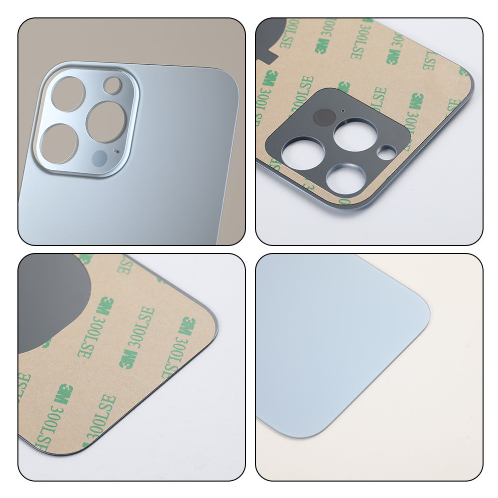 Four images show the Cirrus-link Back Glass Cover with Big Camera slot for iPhone 13 Pro Max (AfterMarket), featuring a metallic lens protector and adhesive backing, displayed from various angles to highlight its precise fit.
