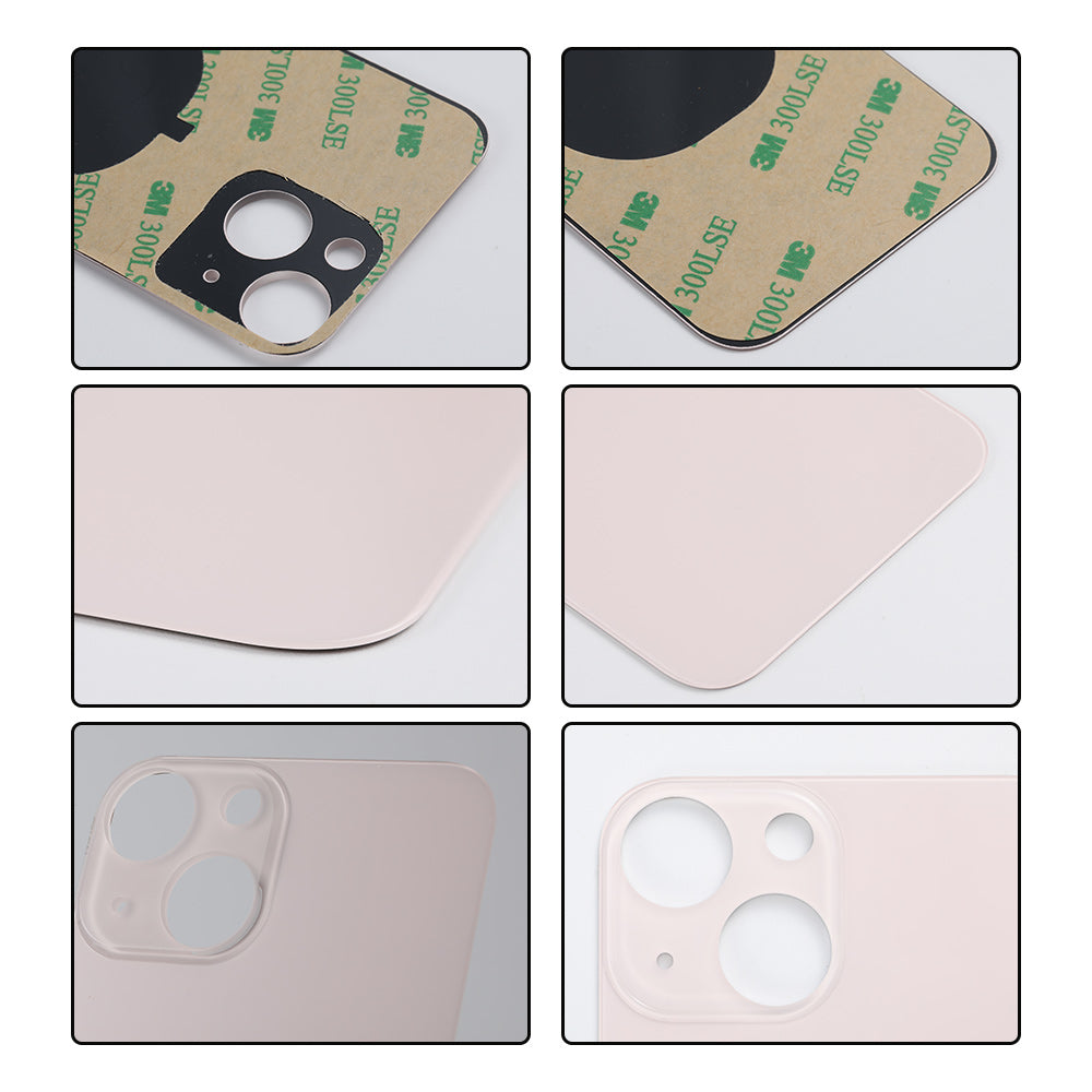 Six-panel image shows close-ups of the Cirrus-link Back Glass Cover with Big Camera slot for iPhone 13 MINI (AfterMarket), highlighting precise camera cutouts, adhesive backing, and large camera hole from various angles.