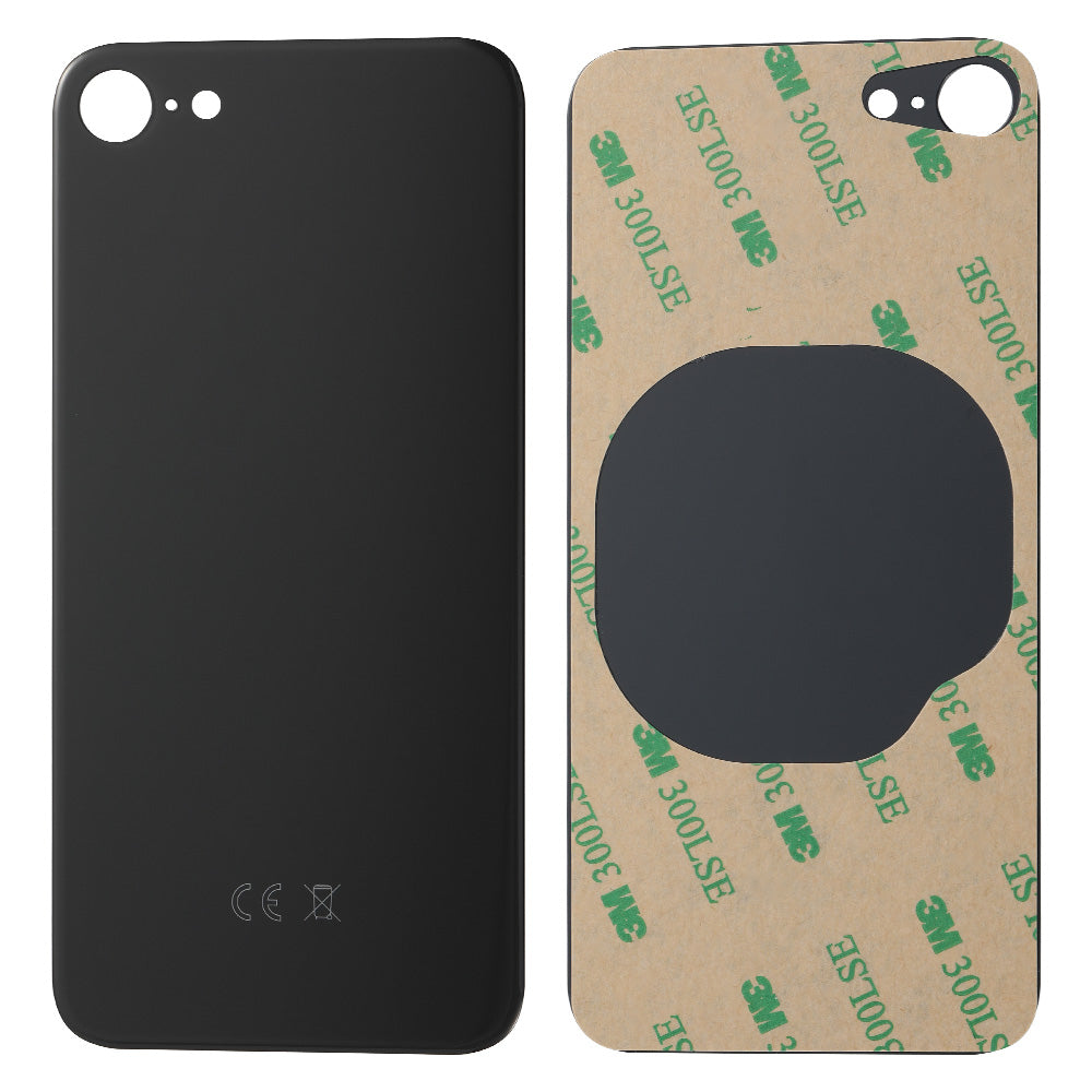 Two Cirrus-link Back Glass Covers with Big Camera Slot for iPhone 8—one showing the plain black exterior, the other revealing adhesive and magnet area—perfect for aftermarket replacement or upgrade.