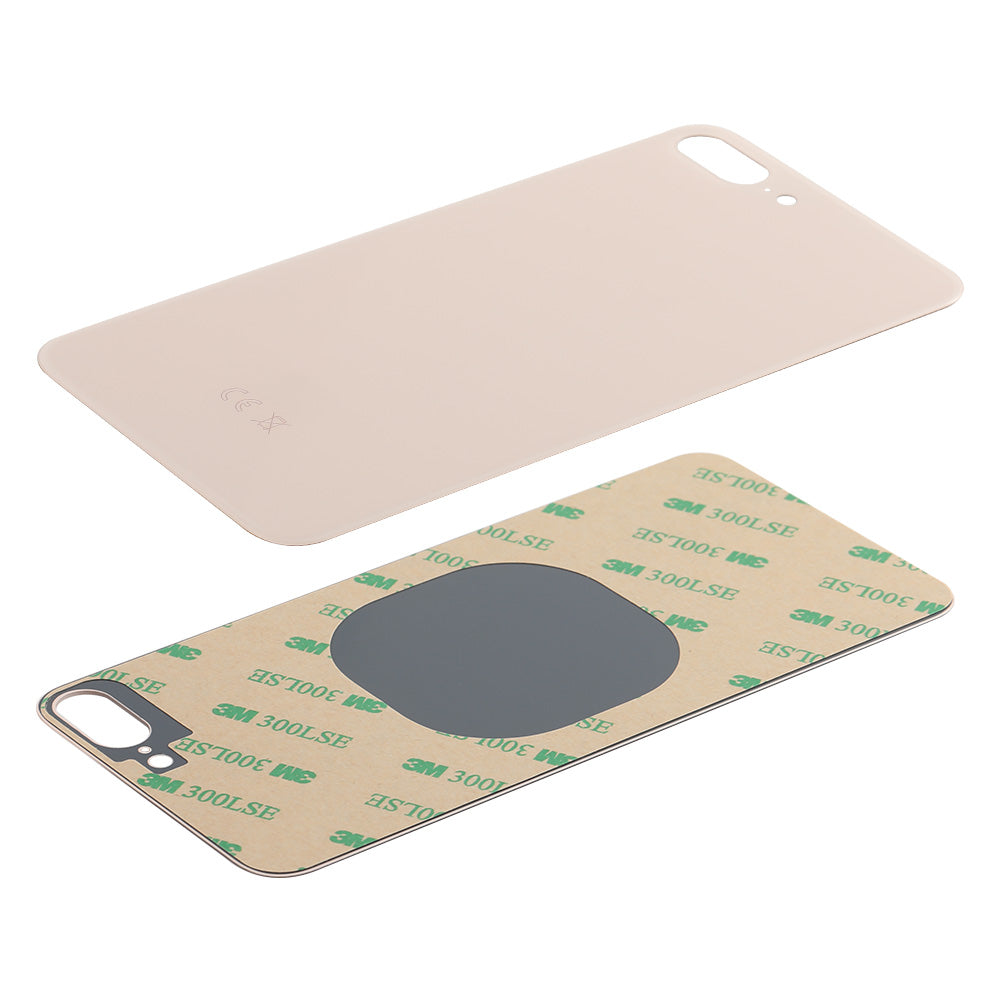 Two views of the Cirrus-link Back Glass Cover with Big Camera Slot for iPhone 8 PLUS (AfterMarket); one side shows the exterior, while the other highlights the 3M adhesive strip for easy installation.