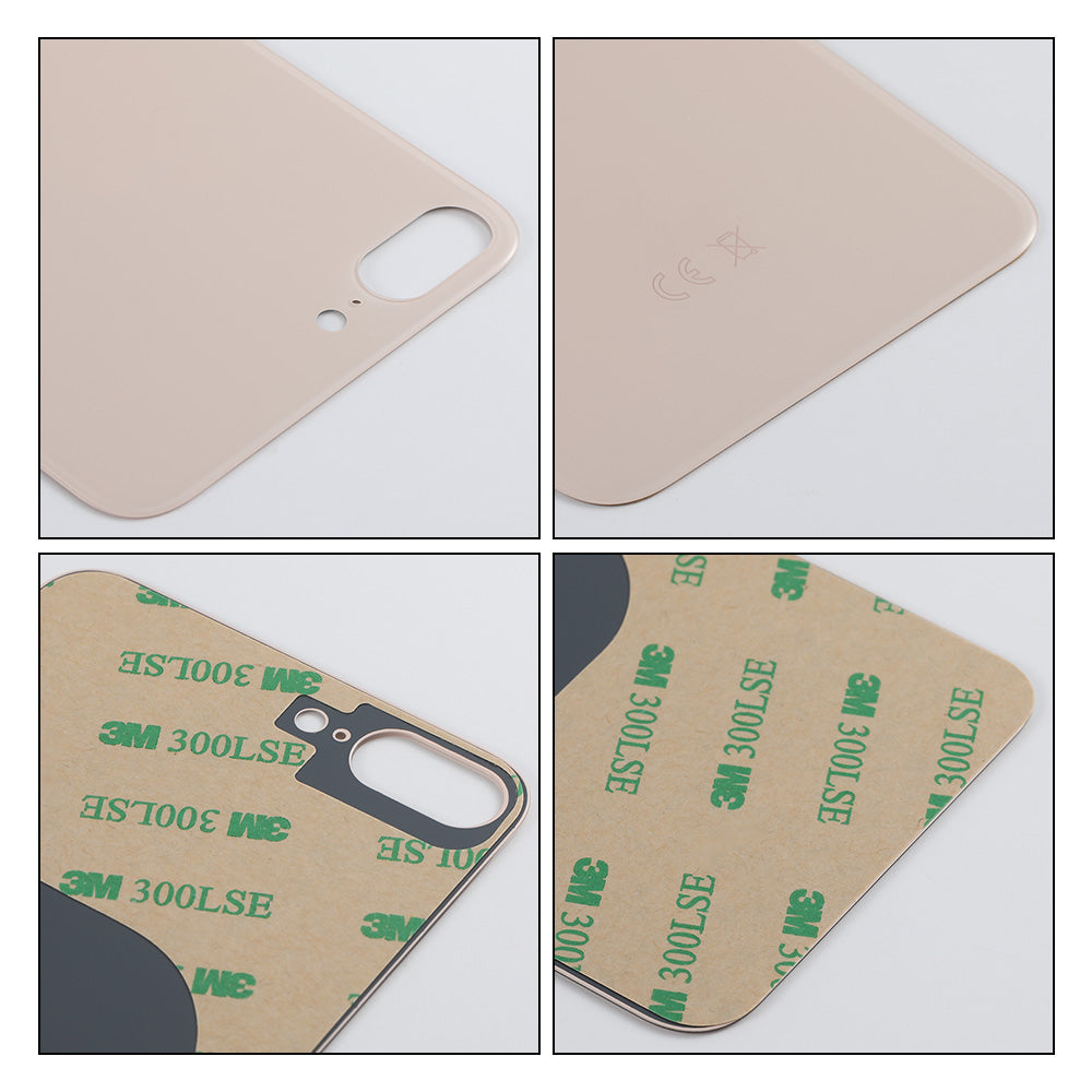 Four-panel image shows close-ups of the Cirrus-link Back Glass Cover with Big Camera slot for iPhone 8 PLUS, featuring CE marking and 3M 300LSE adhesive—perfect aftermarket replacement.