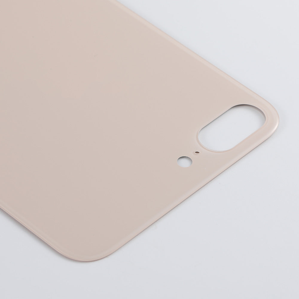 A Cirrus-link Back Glass Cover with a big camera slot for iPhone 8 Plus (AfterMarket) in beige, featuring precise cutouts for camera and flash, shown on a white surface.