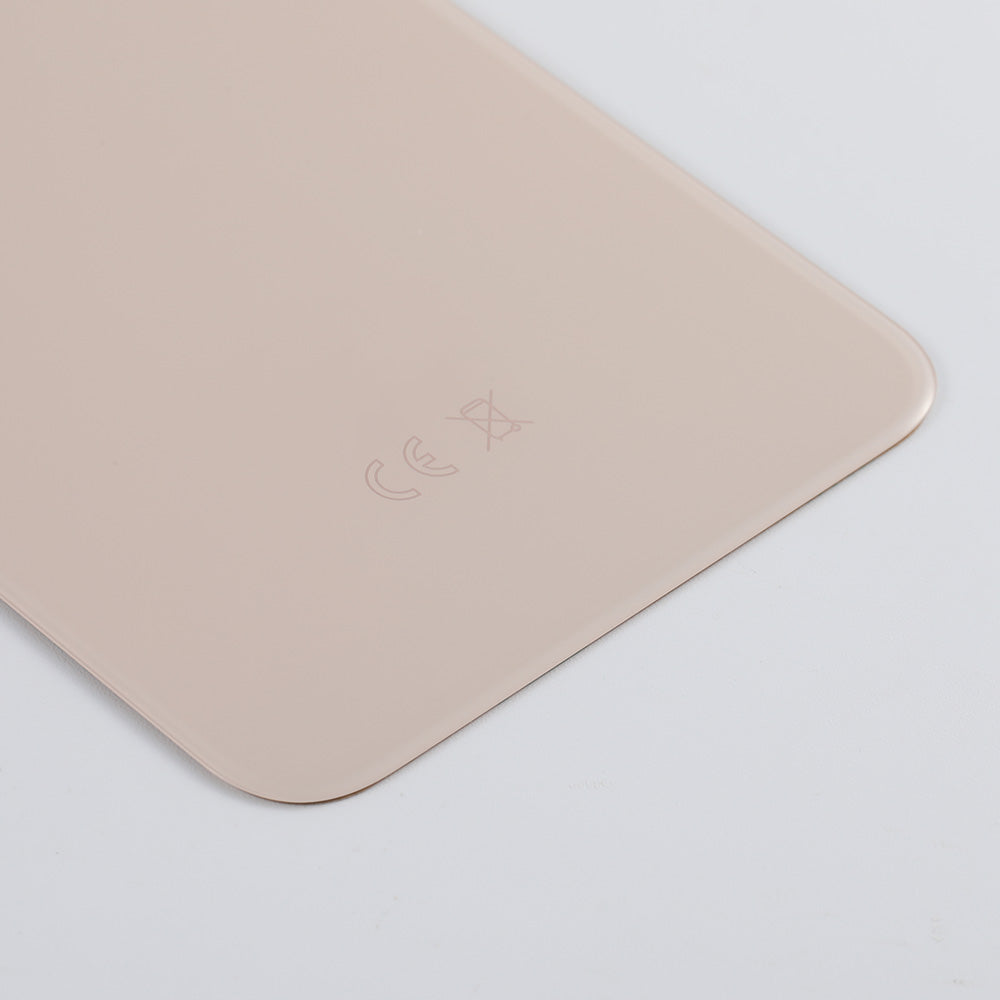 Close-up of a beige Cirrus-link Back Glass Cover with Big Camera slot for iPhone 8 PLUS (AfterMarket), featuring CE and crossed-out wheeled bin symbols, shown on a white background.