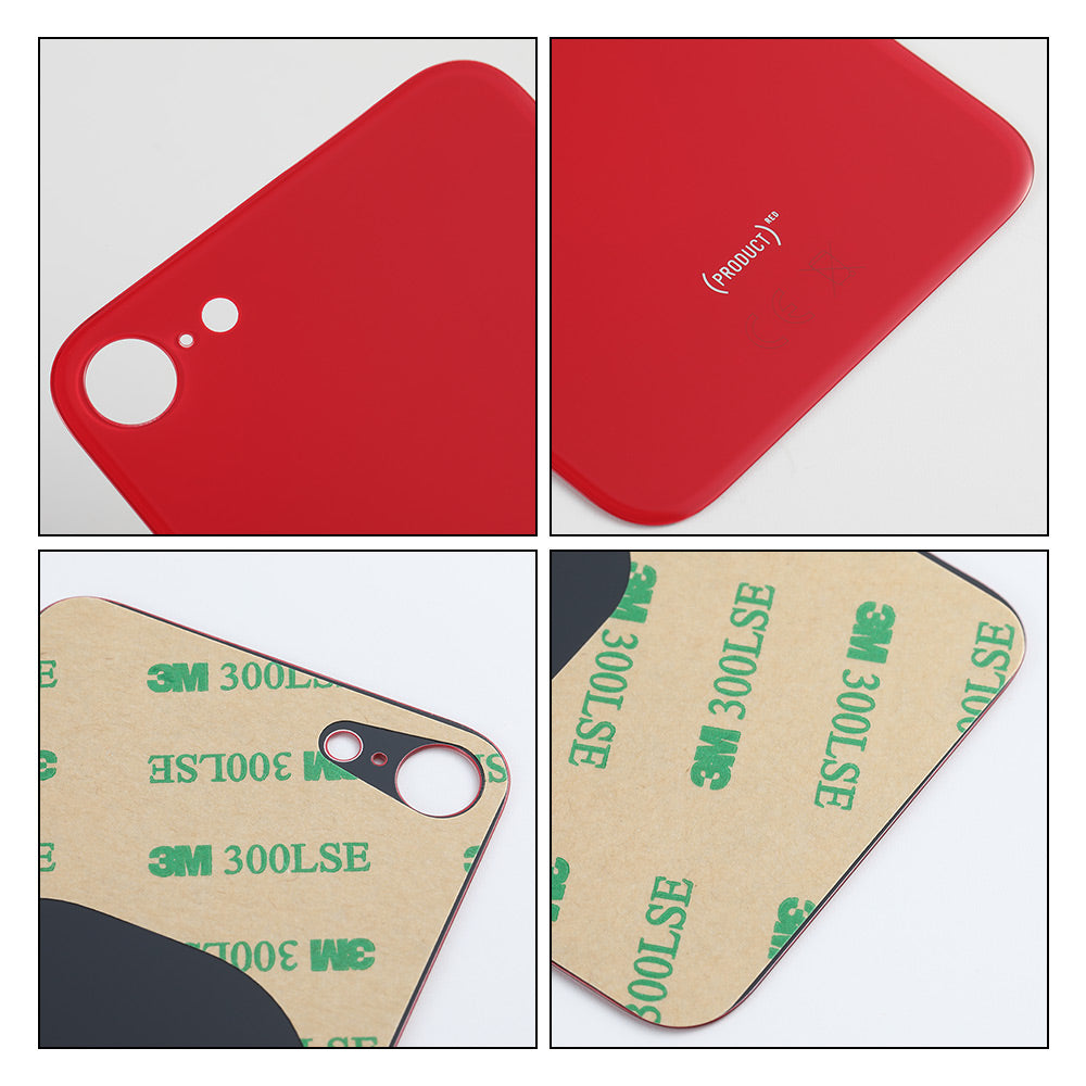 The Cirrus-link Back Glass Cover with Big Camera slot for iPhone SE2—an AfterMarket replacement—is shown from multiple angles, highlighting the camera cutout, text label, and 3M adhesive for easy installation.