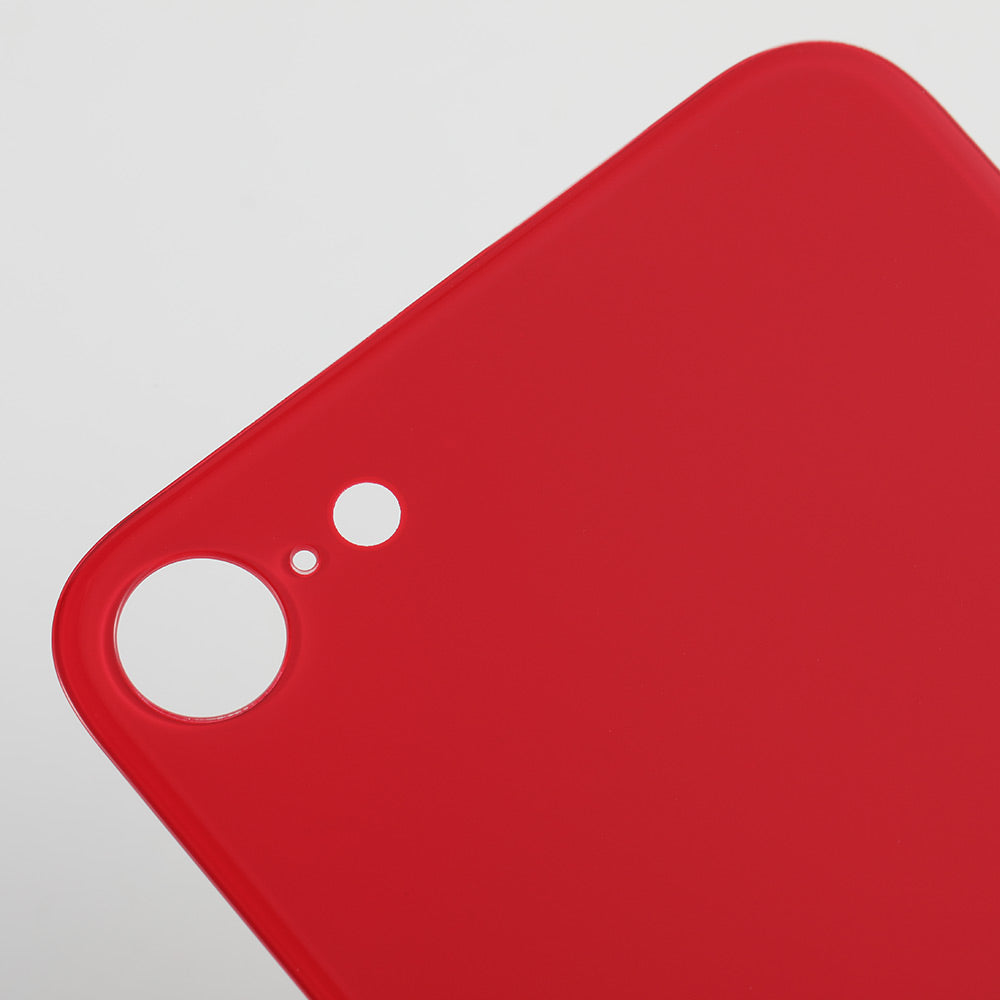 Close-up of the Cirrus-link Back Glass Cover with Big Camera slot for iPhone SE2 (AfterMarket), showing precise cutouts for camera and sensors against a white background.