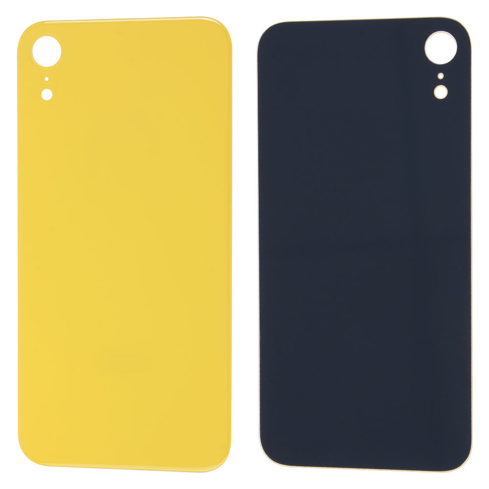 Two Cirrus-link Back Glass Covers with Big Camera slot for iPhone XR (AfterMarket), in yellow and black, shown side by side on a white background—perfect replacements for updating your iPhone XR back glass.
