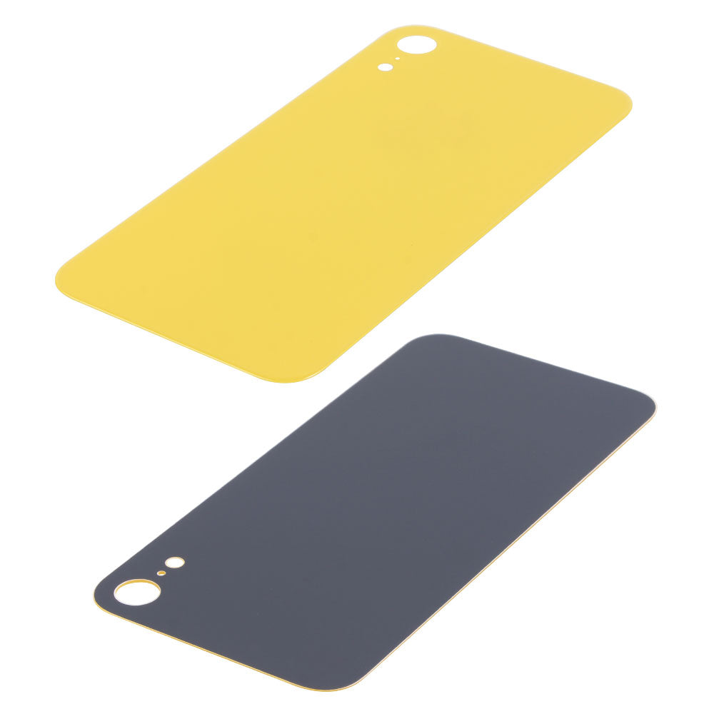 The Cirrus-link Back Glass Cover with Big Camera slot for iPhone XR (AfterMarket) includes two thin, rounded rectangular panels—one yellow, one dark gray—each with circular and oval cutouts in one corner.