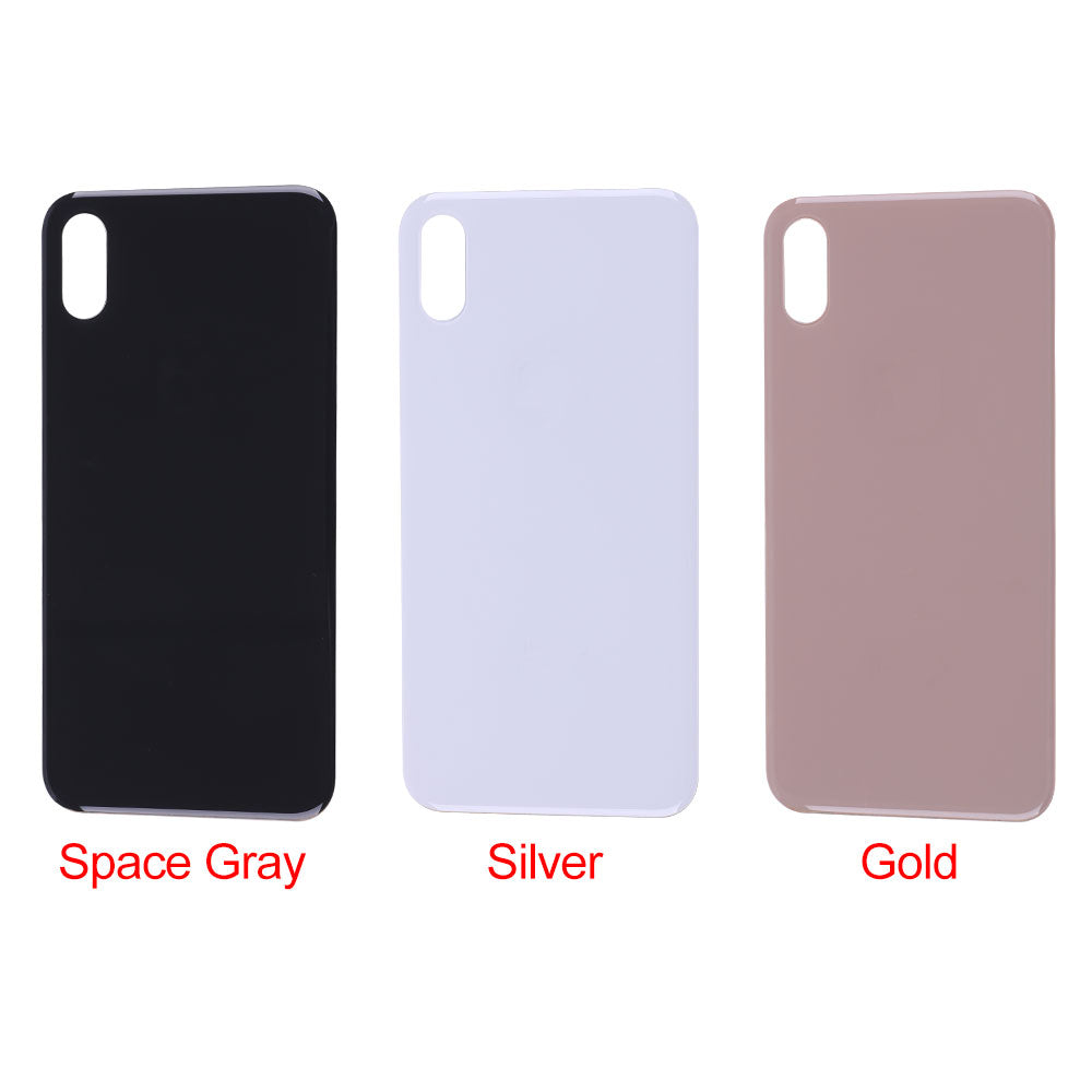 Three Cirrus-link Back Glass Covers with Big Camera slot for iPhone XS Max (AfterMarket) are shown upright in space gray, silver, and gold.