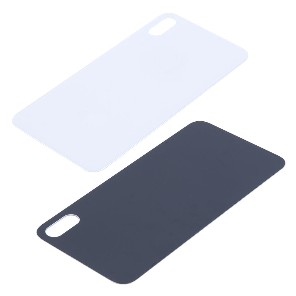 Two Cirrus-link Back Glass Covers with Big Camera slot for iPhone XS Max (AfterMarket), in white and black, are displayed side by side on a white background. Each cover features a large camera cutout in the top corner.