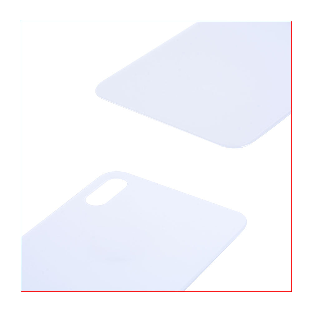 Two white rectangular Cirrus-link Back Glass Covers for iPhone XS MAX (AfterMarket) with large camera slots are displayed on a white background; one features a handle-like slot, echoing the original back design.
