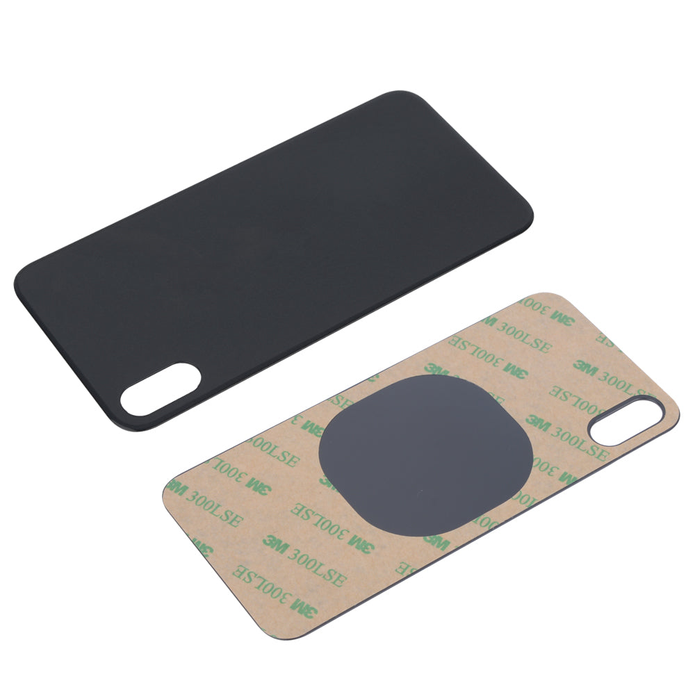 Two black rectangular phone case back plates are shown: one is a matte black Cirrus-link Back Glass Cover with Big Camera slot for iPhone X - AfterMarket; the other displays its adhesive backing for easy installation.