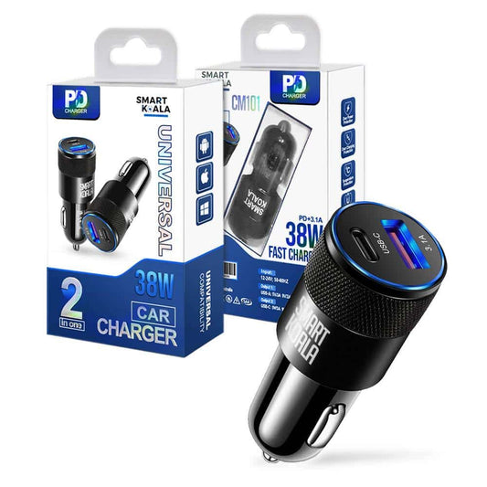 Packaging and product image of a SMART KOALA 38W Dual Port PD & 3.1A USB Fast Car Charger Socket Adapter, from Smart Koala, showcasing one black unit outside along with two boxes displaying the charger and specific details.