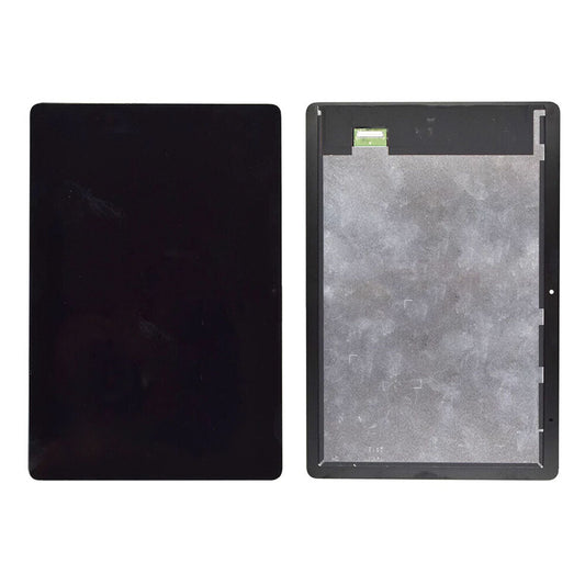 Two views of a tablet screen and backing: the left shows the front black replacement screen, while the right displays the rear side with a metallic surface and connectors at the top edge—ideal for an OG Display Assembly for Huawei MediaPad T5 10.1" (Without Key Hole) (OEM Material) (Black).