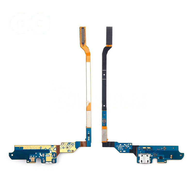 Two OEM-quality Charging Port Flex Cables from OG for the Samsung Galaxy S4, complete with attached ribbon cables, various connectors, and components, are arranged side by side on a white background.