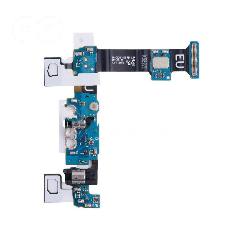 Close-up of an OG Charging Port Flex Cable for Samsung Galaxy S6 Edge Plus (G928F) in blue and black, featuring various components, connectors, and labeled "EU" on one end, showcasing data transfer functionality.