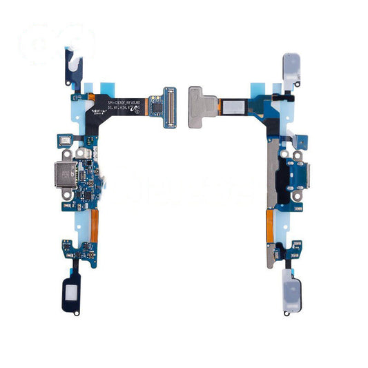 A blue and silver circuit board with various small components, connectors, and ribbons arranged in an asymmetrical shape on a white background, featuring the OG Charging Port Flex Cable for Samsung Galaxy S7 (G930F).