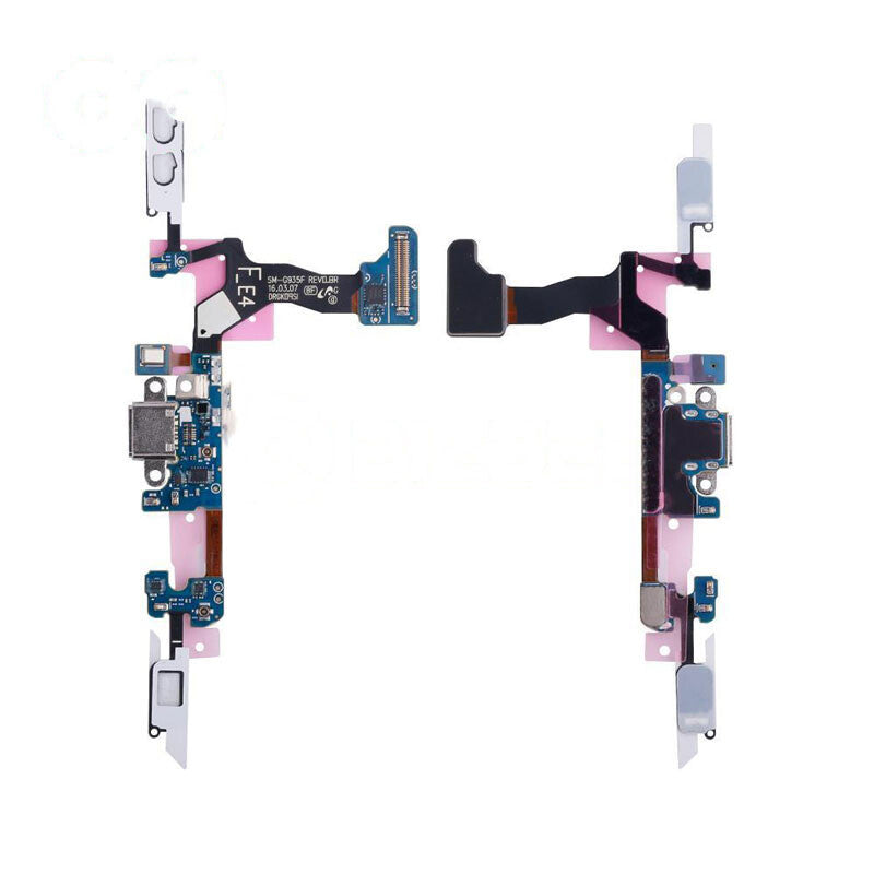 This image shows two pieces of electronic circuitry, including an OG Charging Port Flex Cable for Samsung Galaxy S7 Edge (G935F/G935I). Various connectors and components are visible, appearing to be parts of a device's internal hardware, all QC tested for OEM Pulled quality.