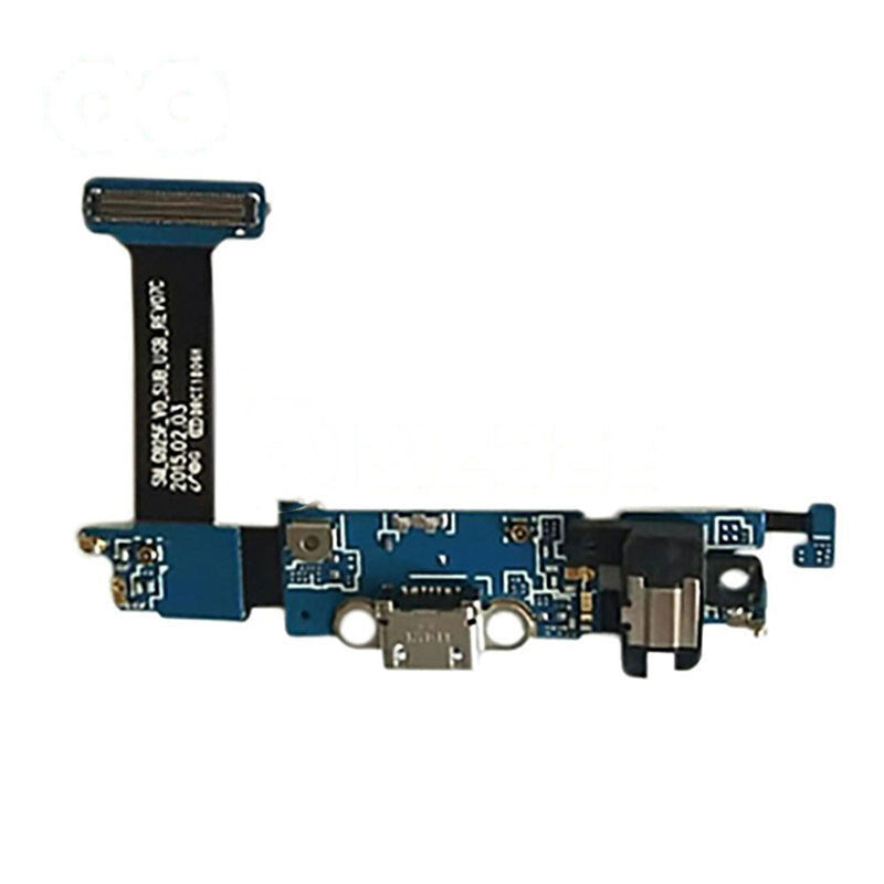 A close-up image of a blue circuit board with various electronic components and connectors, including the OG Charging Port Flex Cable for Samsung Galaxy S6 Edge (G925F), highlighting the intricate design crucial for data transfer in devices like the Samsung Galaxy S6 Edge.