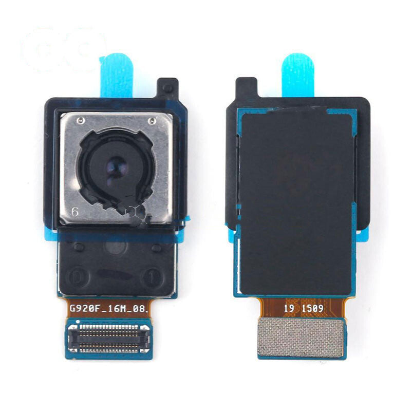 Two OEM Pulled Galaxy S6 Rear Camera Replacement modules by OG: one exposing the lens and the other featuring the back. Both units have connectors at the bottom and blue tabs at the top, guaranteeing high-quality image and video capture.