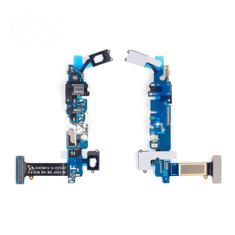 Two blue circuit boards, featuring various electronic components, connectors, and a Charging Port Flex Cable With Audio, are arranged vertically on a white background. These OEM Pulled quality parts by OG are designed for the Samsung Galaxy S6 (G920F).