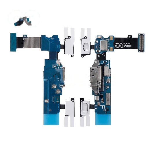 Image of a disassembled circuit board assembly with various components, including connectors, ribbons, and metallic parts, featuring an OG Charging Port Flex Cable with Navigator for the Samsung Galaxy S5 (G900F), all arranged on a white background.