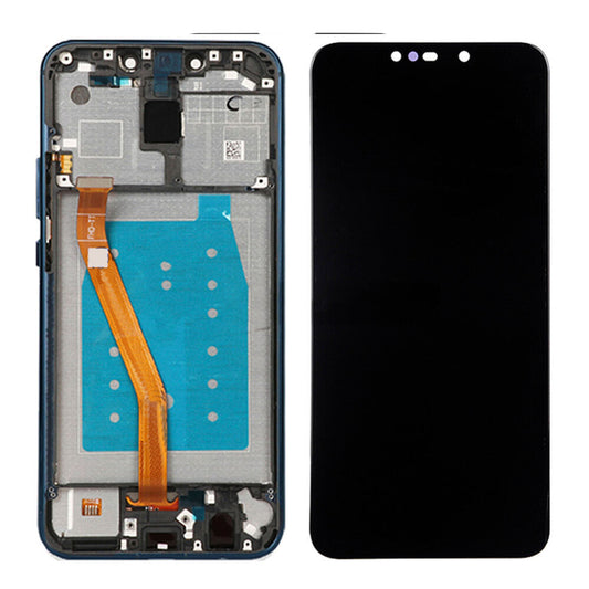 The image shows a disassembled smartphone with its screen separated from the main body. The internal components and connections are visible on the body portion, demonstrating a touchscreen replacement for a Display Assembly With Frame For Huawei Mate 20 Lite (Blue) using OG material display assembly.