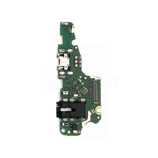 A green printed circuit board (PCB) with various electronic components, including a micro USB port, connectors, and integrated circuits, resembling those found in devices like the Charging Port Board Replacement for Huawei Mate 10 Lite by Dr.Parts.