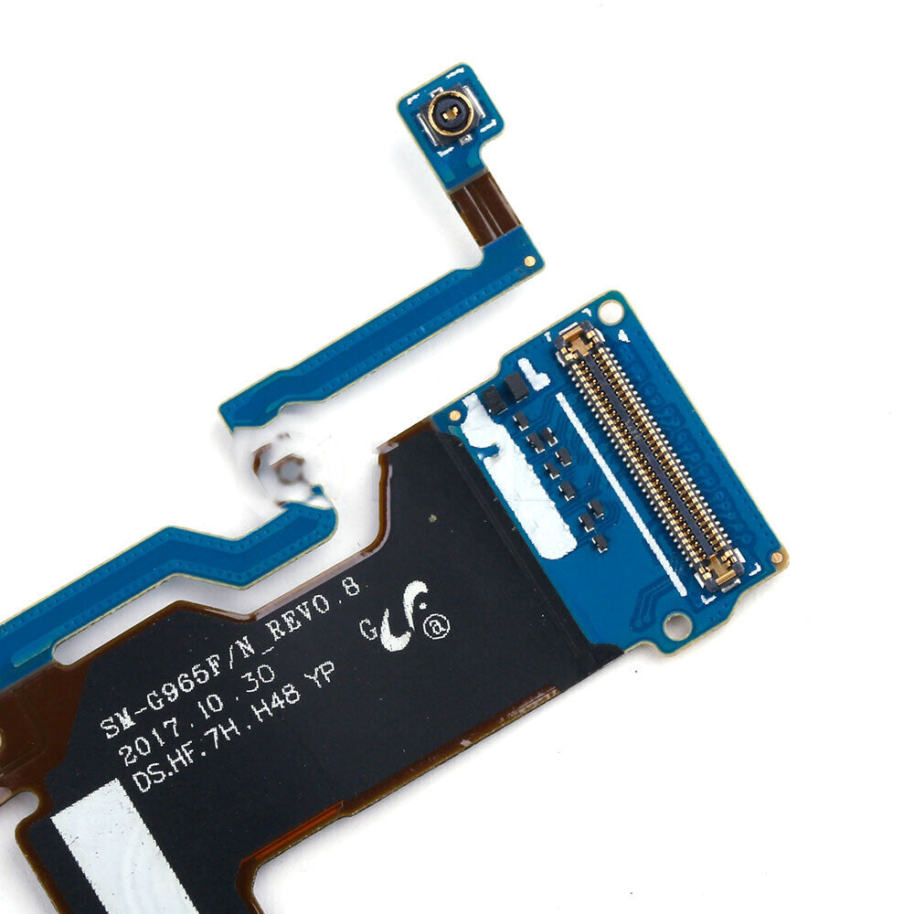 Close-up image of a blue and black electronic circuit board labeled "SM-G965F/N Rev0.8," with a small connector and ribbon cable. This is likely the Charging Port Flex Cable for Samsung Galaxy S9 Plus from OG.